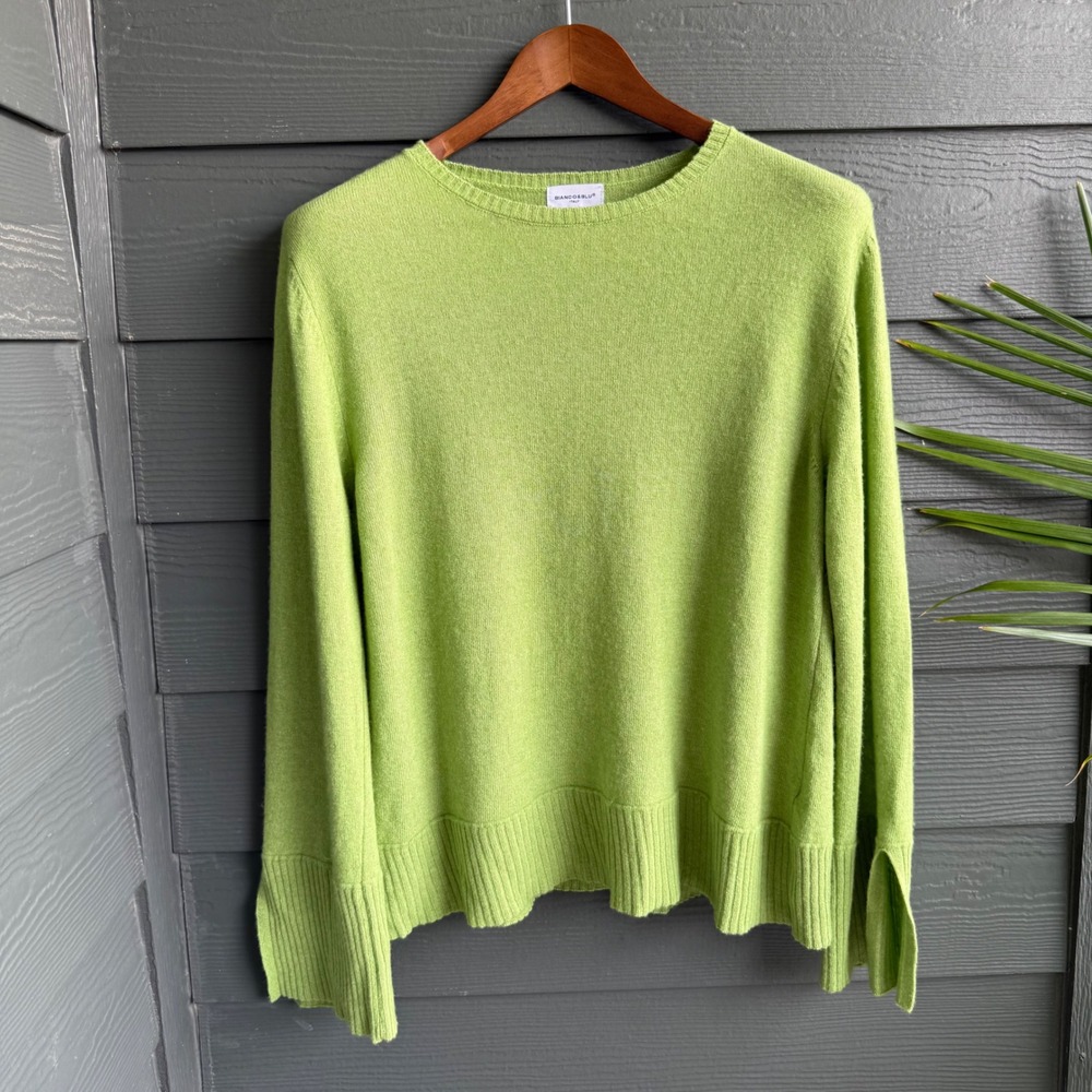 Bianco & Blu Italy Merino Cashmere Sweater Green Crewneck Women's Large